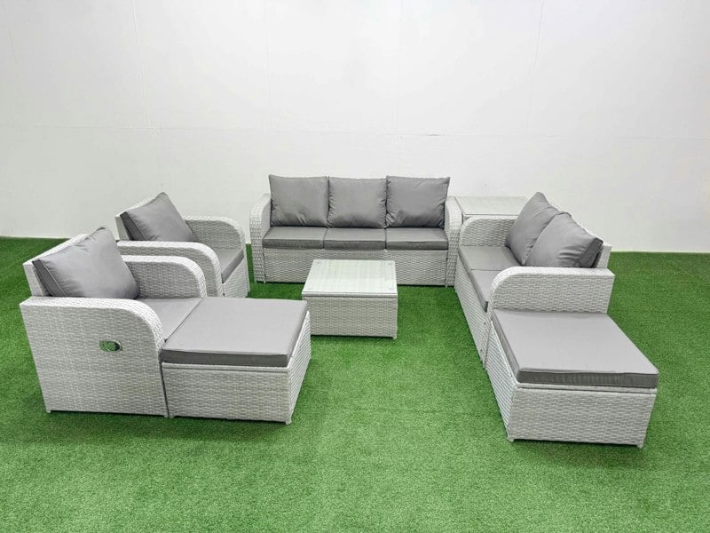 Fimous Rattan Garden Furniture Set with 2 Recliner Chairs, 2 & 3 Seater Sofa, Square Coffee Table, 2 Big Footstools, Side Table - Light Grey