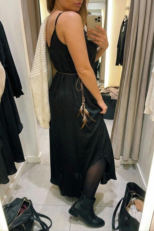 Liora Strappy Maxi Dress With Feather Tie Waist - Black