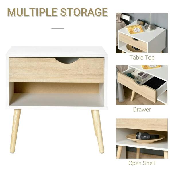 White nightstand showing drawer and open shelf storage, with light wood drawer front.