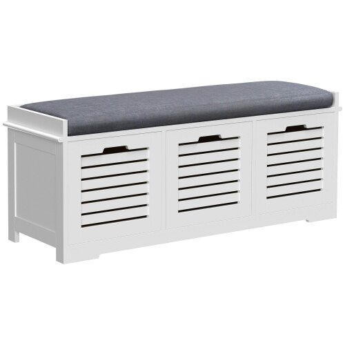 Wyld Haus Vesava Wooden White 3 Drawer Slatted Shoe Storage Bench with Grey Padded Seat