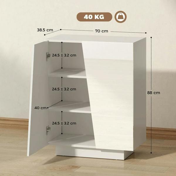 White cabinet interior with three adjustable shelves and open storage compartments