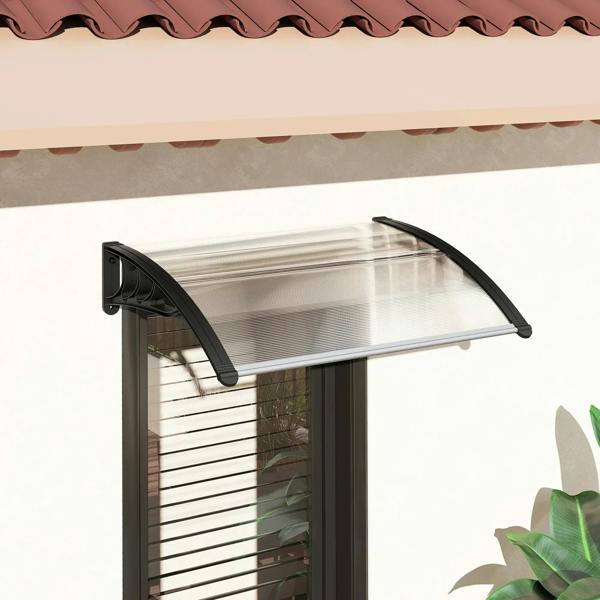 Front door canopy awning with clear roof panel and black mounting arms