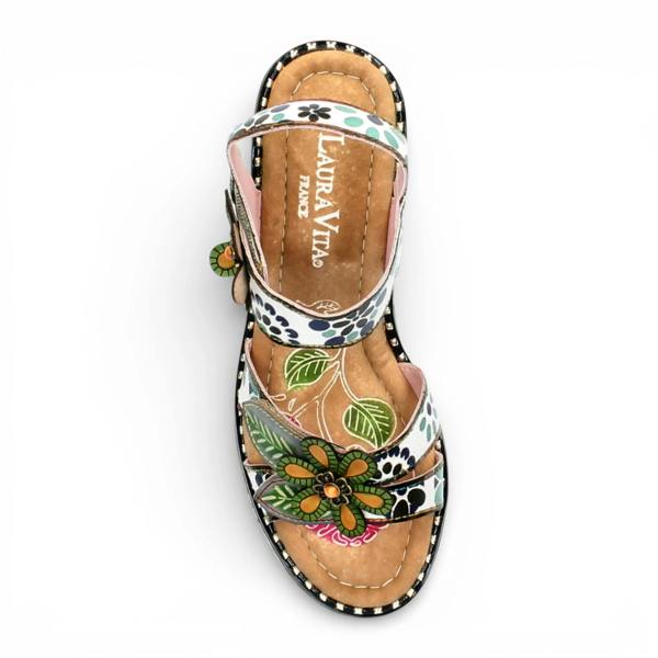 Laura Vita Ballon 08 - Women's Beige Floral Leather Wedge Sandals