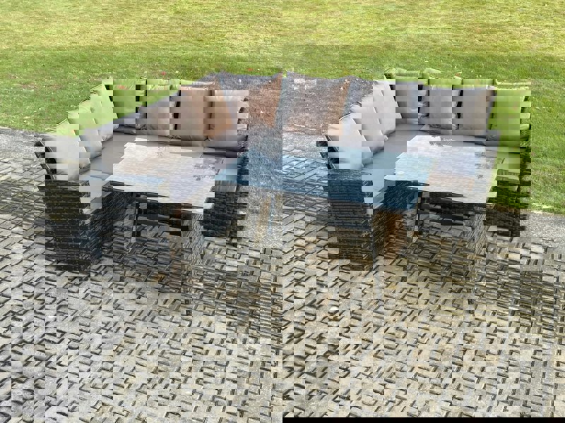 Fimous Outdoor Furniture Garden Dining Set Rattan Corner Sofa Set Rectangular Dining Table Dark Grey Mixed