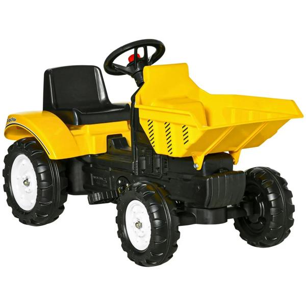 Yellow kids ride-on tractor go-kart with black seat, steering wheel, and front bucket