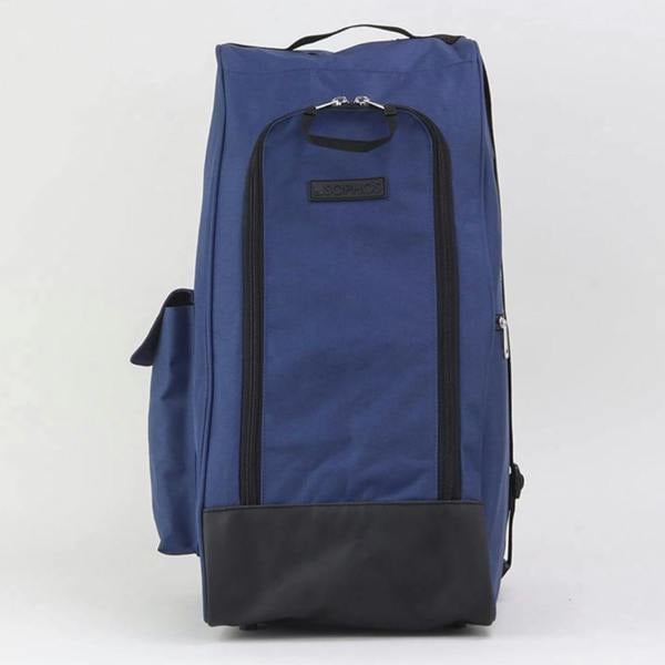 A direct front view of a structured navy blue wellington boot bag featuring a large U-shaped zip opening, black base trim, and a small black brand logo badge centered on the front panel against a plain white background.