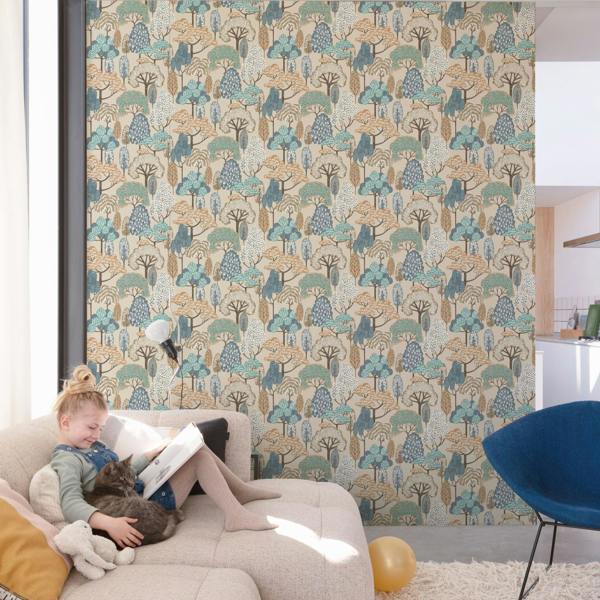 Grandeco Happy Trees Brushstroke Nursery Textured Wallpaper, Blue