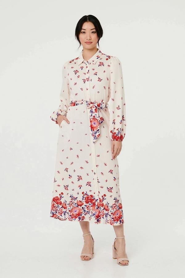 Pink | Floral Border Tie Waist Midi Shirt Dress