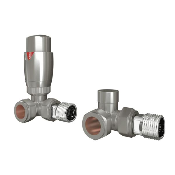 Flode Corner Round Thermostatic TRV & Lockshield 15mm x 1/2″ | Brushed Steel