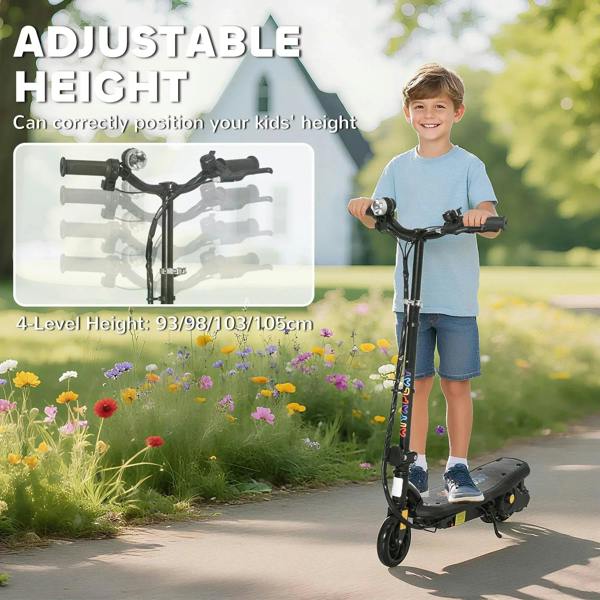Black electric scooter with adjustable handlebar height and front deck