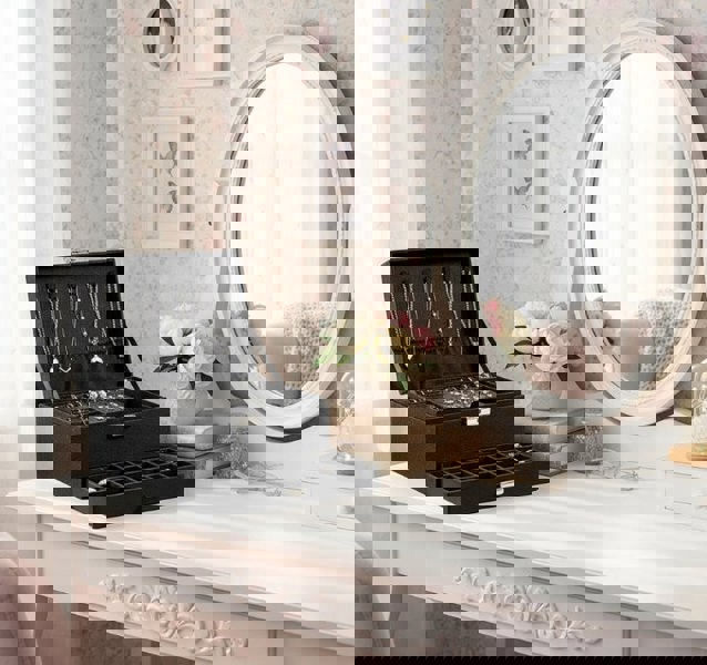 Modcraft 3-Layer Black Jewellery Box with Lock, Drawer Organizer for Rings, Earrings & Necklaces