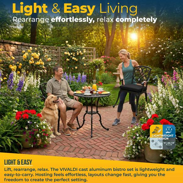Homeology VIVALDI Black 3-Piece Cast Aluminium Garden Bistro Set - with Black Cushions