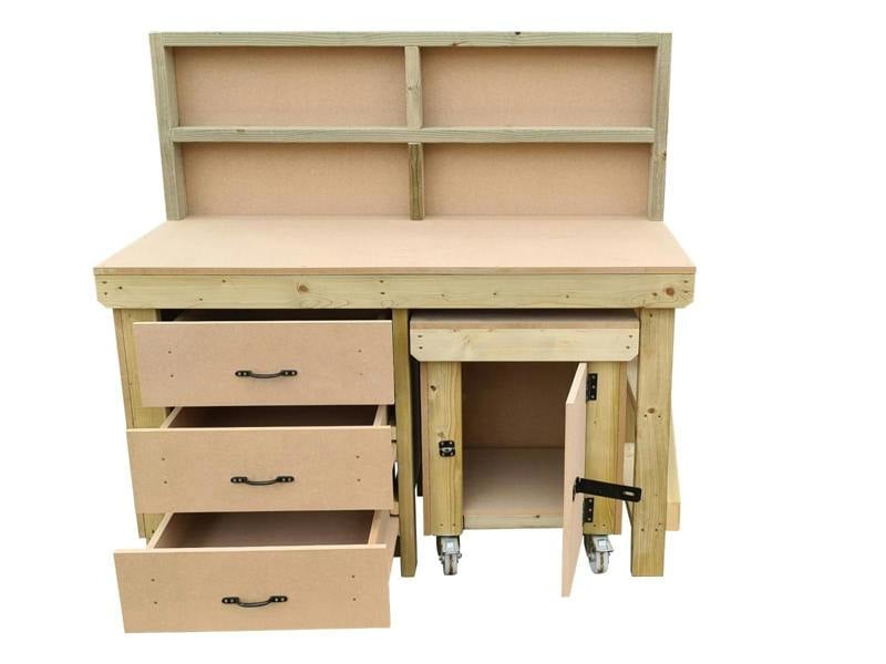 Wooden MDF Top Workbench (V.6) – Sturdy Workstation with Drawers, Back Panel and Functional Lockable Cupboard, Ideal for Garages, Workshops, and Studios.