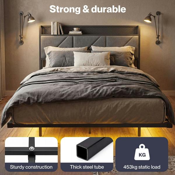 Levede Floating Bed Frame Double LED Lights Upholstered USB Storage Headboard