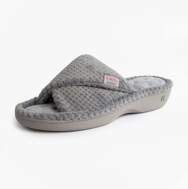 Totes Isotoner POPCORN TURNOVER OPEN TOE Womens Mule Slippers Pale Grey