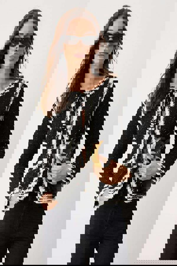 WOVCOR Color Block Glittery Knit Cardigan with Embroidered Detail