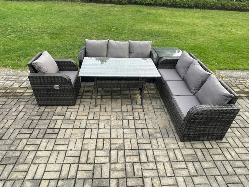 Fimous 7 Seater Rattan Garden Furniture Set Oblong Rectangular Dining Table and Chairs Set with 3 Seater Sofa Side Tables Dark Grey Mixed