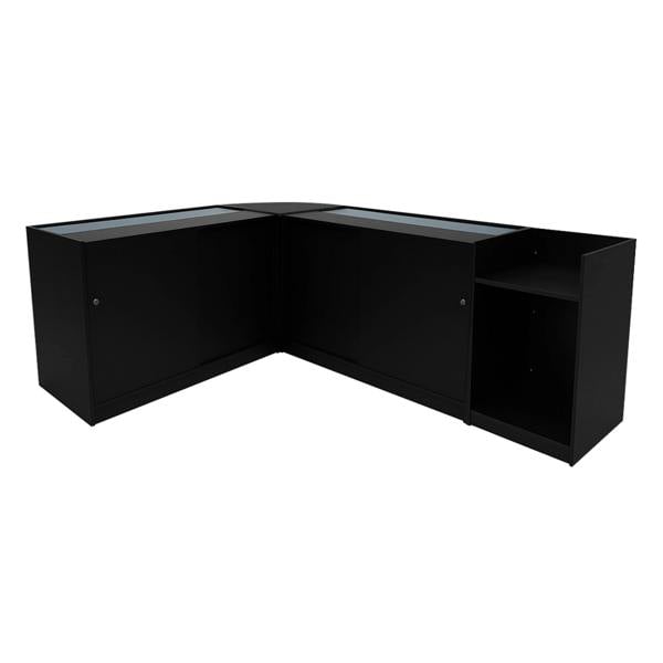 Black Gravity LED Shop Counter Set featuring sleek glass tops, modern design, and ample storage space with cabinets and open shelving