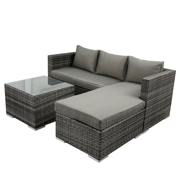 Furniture One Outdoor Corner Garden Lounge 3 Piece Set, L-Shaped Patio Furniture Set with 10cm Soft Cushions, Tempered Glass Table - Fully Assembled