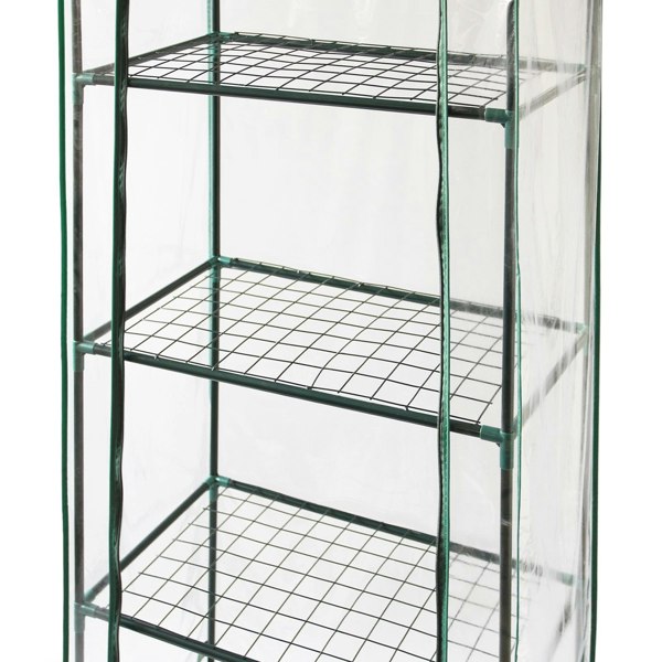 Mini greenhouse with four tiers, featuring a clear plastic cover, metal frame, and wire shelving for optimal plant growth