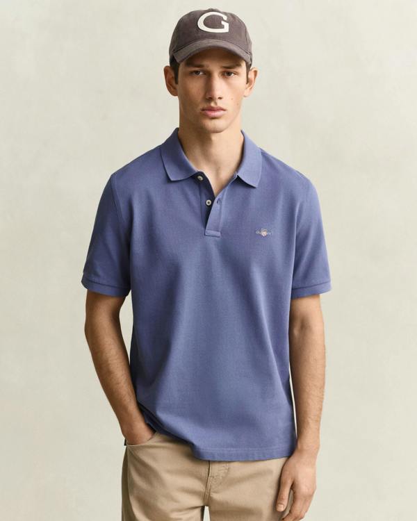 GANT Mens Regular Fit Short Sleeve Shield Logo Pique Polo - 476 Blue Horizon