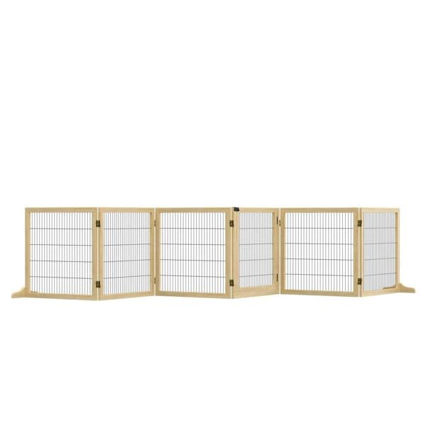 Freestanding folding pet gate with natural wood frame and black wire mesh panels, support feet.