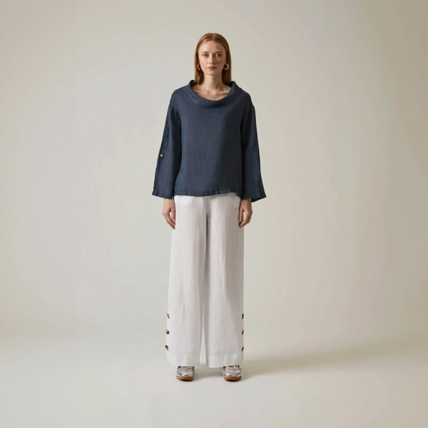 James Lakeland Cowl Neck Linen Navy Top