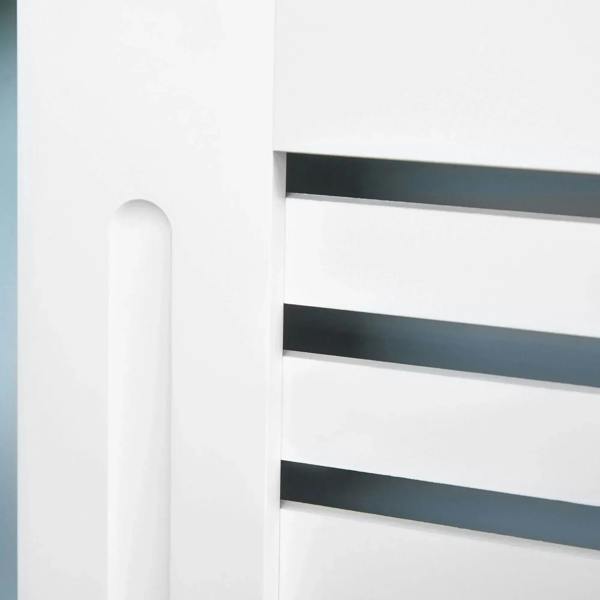 White radiator cover interior view with horizontal slat ventilation openings.
