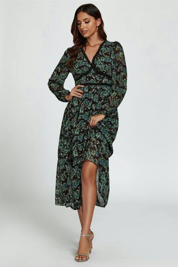 FS Collection Floral Print Long Sleeve Midi Dress In Brown
