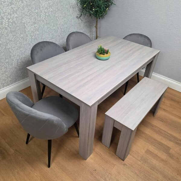 Kosy Koala Light Grey Arrow Pattern Dining Table Set with 4 Grey Velvet Chairs & Bench, 140x80x75cm