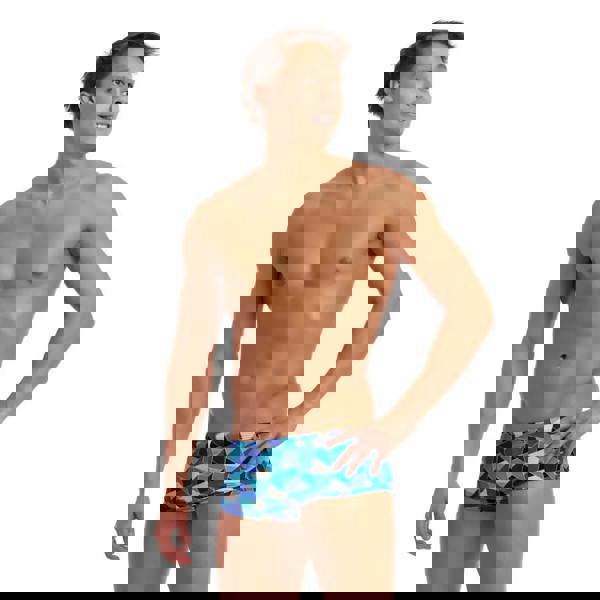 Blue Funky Trunks Tetra Tonic Sidewinder swim trunks with geometric pattern