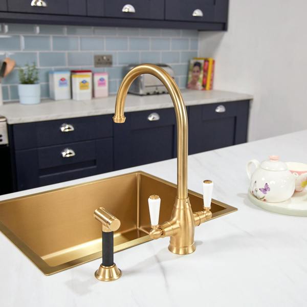 Flode Halden | Dual Lever Kitchen Sink Mixer Tap and Rinser with Swivel Spout | Brushed Brass Finish