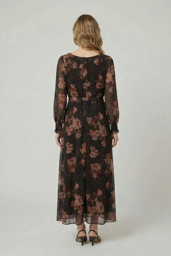 Black | Floral Semi Sheer Layered Tie Midi Dress