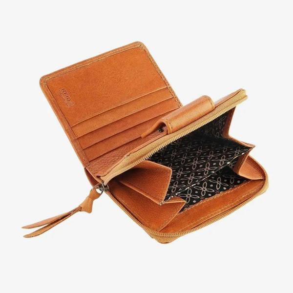 Open cognac leather wallet with a white background