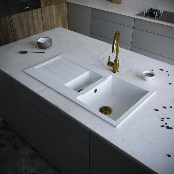 Flode Vänern | 1.5 Bowl Comite Kitchen Sink & Drainer | Inset | 1000mm x 500mm | Strainer Wastes Supplied | Matt White Finish