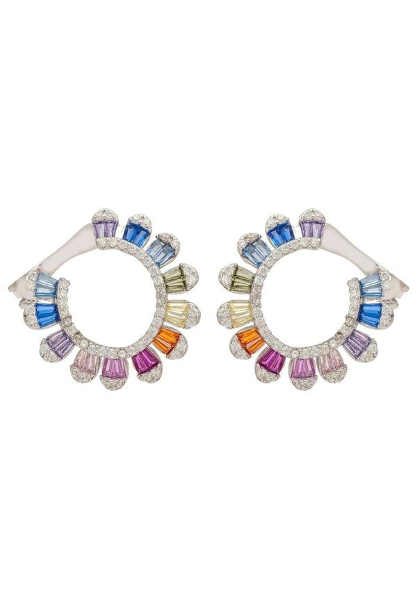 Multicolored gemstone earrings on a white background