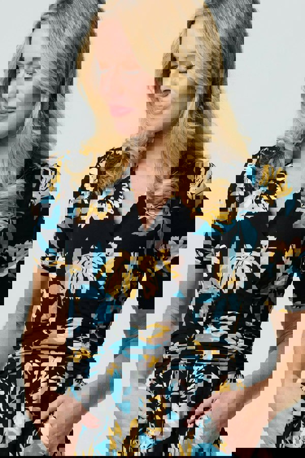 Black | Floral Short Sleeve Faux Wrap Midi Dress
