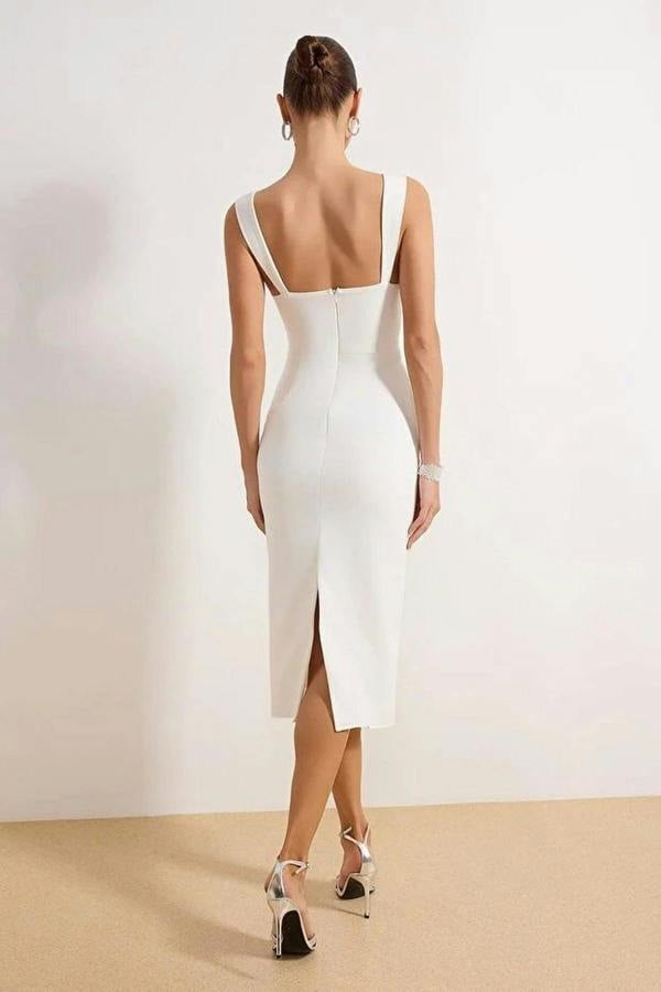 Stone Embellished Sweetheart Neckline Bodycon Midi Dress