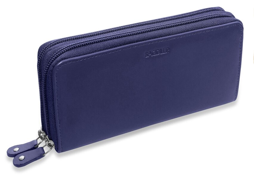 SADDLER GABRIELLA Leather Double Zip Around Purse - 8 Card Slots, Phone Pocket, and Coin Purse - RFID Protected - Peacoat Blue