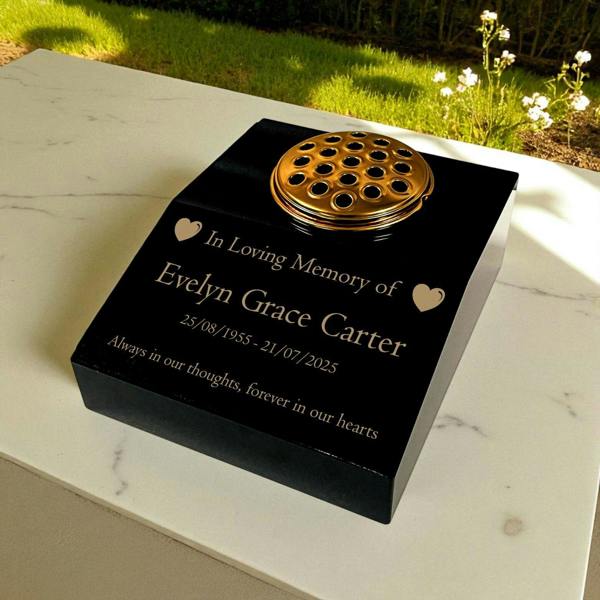 Memorials Direct Black Granite Sloping Memorial Desk with Vase – Heart Design, Free Gold Engraving