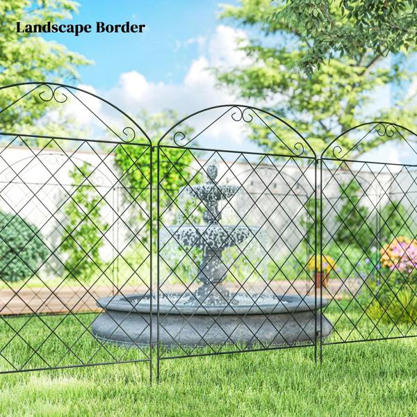 Black metal landscape border fence panels with arched tops and diamond mesh in yard