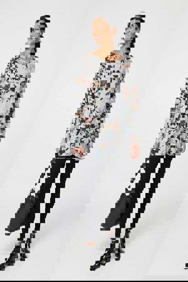 Grey | Floral Wide Neck Relaxed Long Sleeve Top
