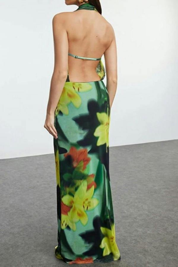 WOVCOR Patterned Knitted Tulle Long Evening Dress