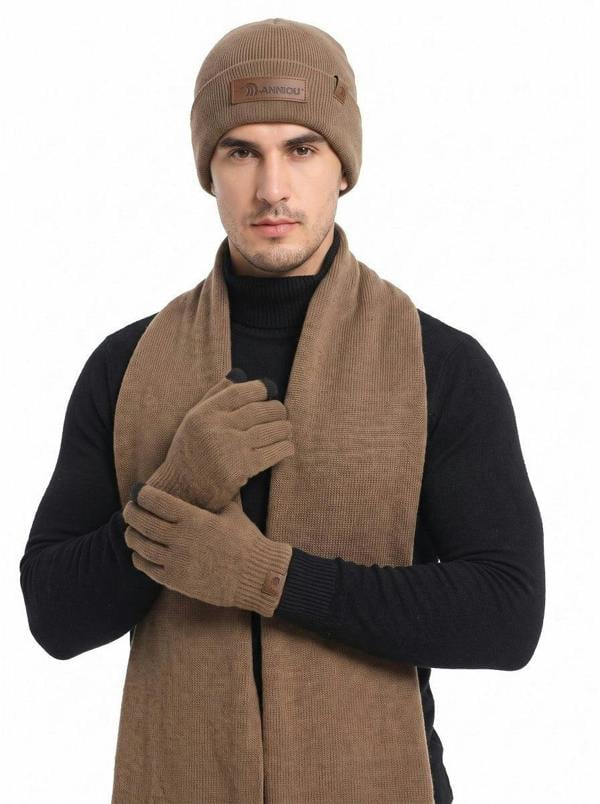Anniou Men’s Knitted Hat Scarf Gloves Set - Camel