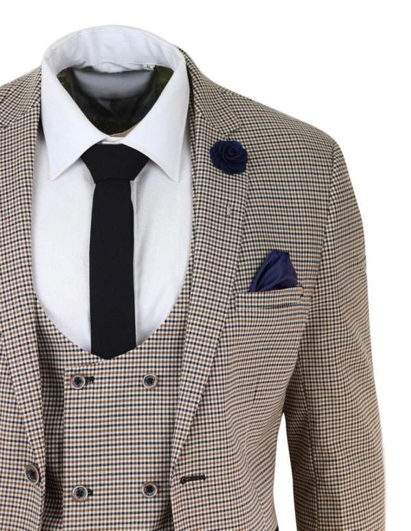 House of Cavani Mens 3 Piece Beige Check Retro Vintage Classic Suit