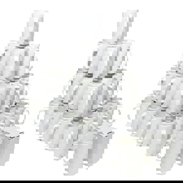 Stacked pyramid of plain white ceramic mugs with one mug and a white box in front.