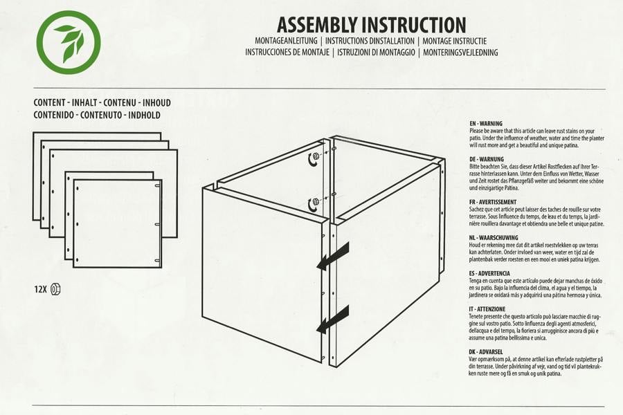 Metal planter plant pot - Rust Corten Steel  - Devonia London, assembly instruction sheet showing a diagram with parts labeled and assembly steps in multiple languages.