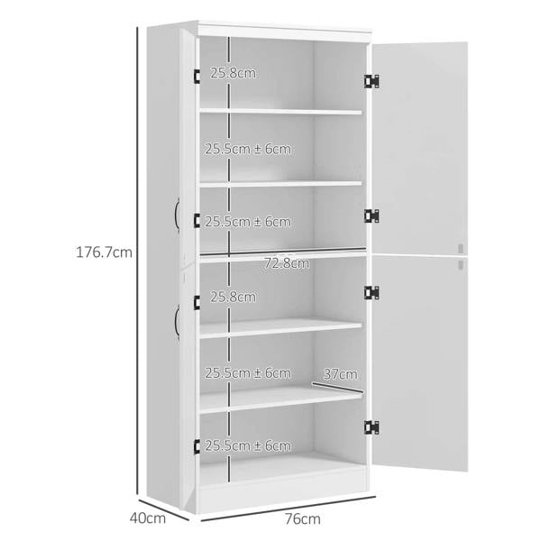 White tall cupboard with open doors and multiple interior shelves, black hinges