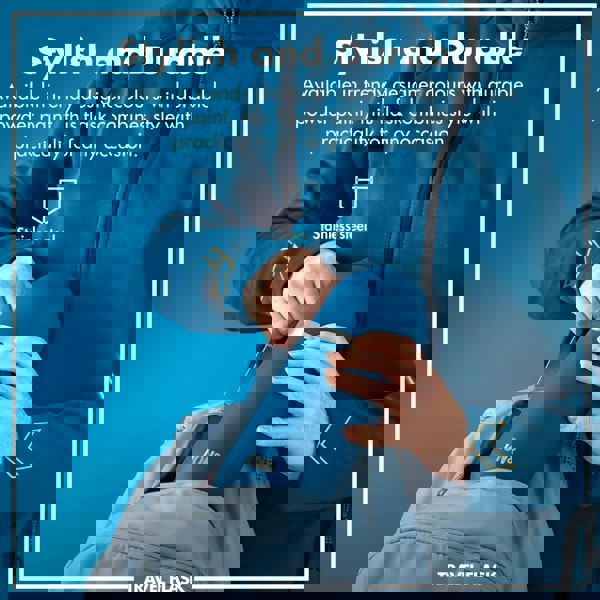 Travel flask being placed in a backpack by a person wearing a blue jacket Stylish and Durable Available in trendy designer colours with durable powder paint this flask combines style with practicality for any occasion Stainless steel ION8