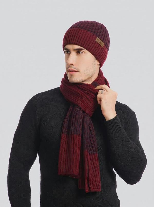 Anniou Men Color Block Rib Knit Hat Scarf  Gloves Set - Wine Red